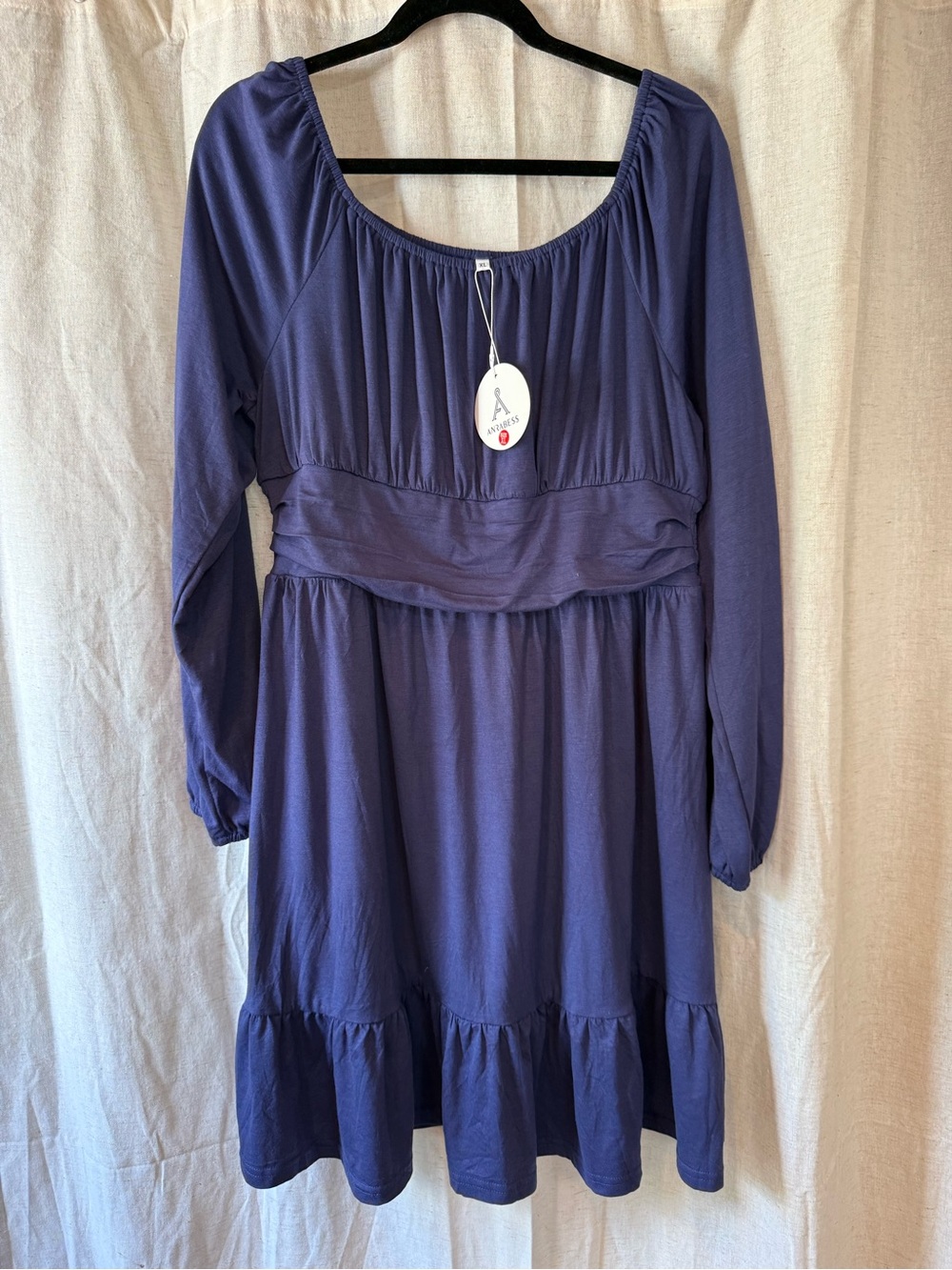 Long Sleeve Scoop Neck Navy Blue Midi Dress